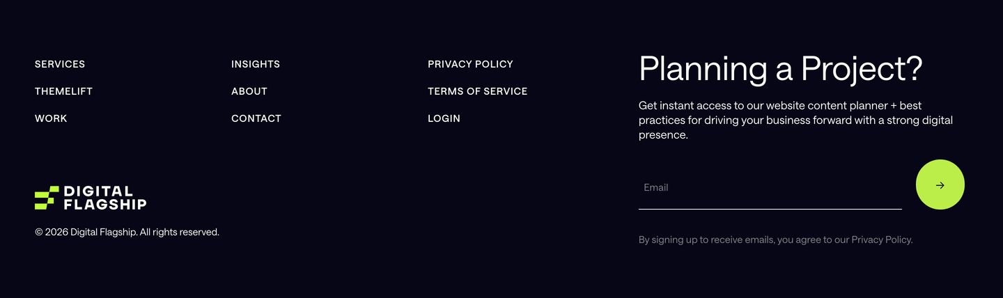 A clean, dark studio footer pairing structured typographic navigation columns with a high-contrast email capture form anchored by a neon circular submit button.