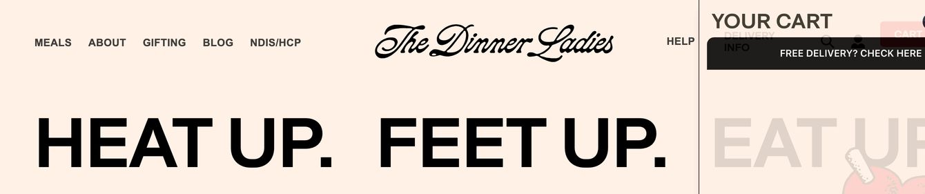 Warm, peach-toned e-commerce header combining a vintage script brandmark with massive uppercase grotesque typography.