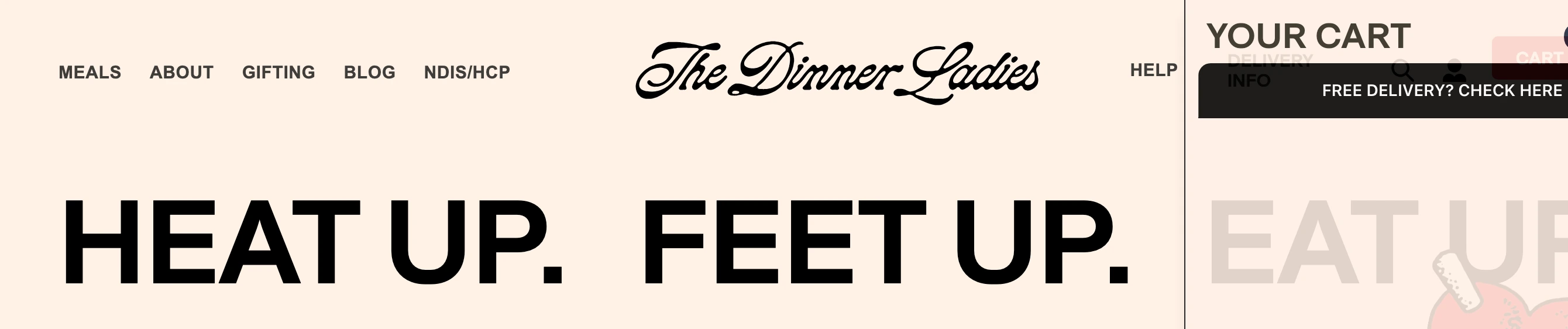 Warm, peach-toned e-commerce header combining a vintage script brandmark with massive uppercase grotesque typography.