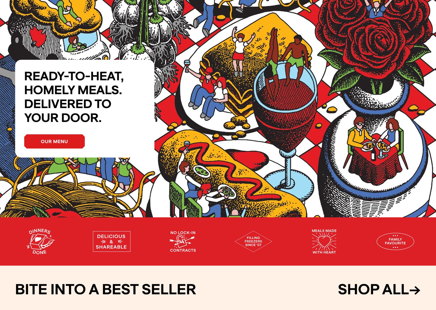 Exuberant and lively hero section bursting with rich, playful comic illustration and high-energy red accents.