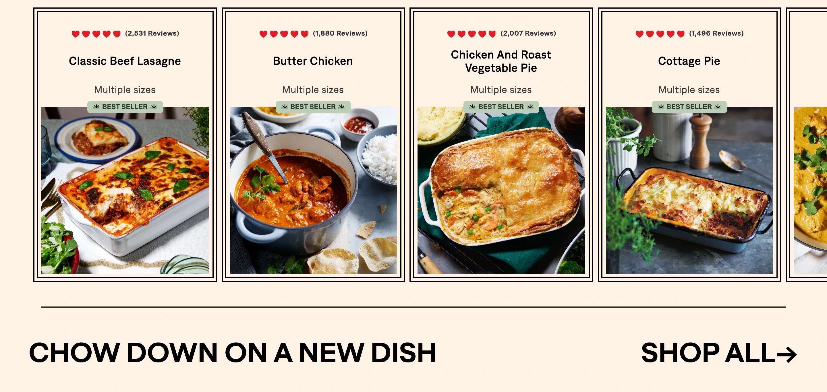Appetising food product carousel with warm framed cards and bold uppercase header typography.