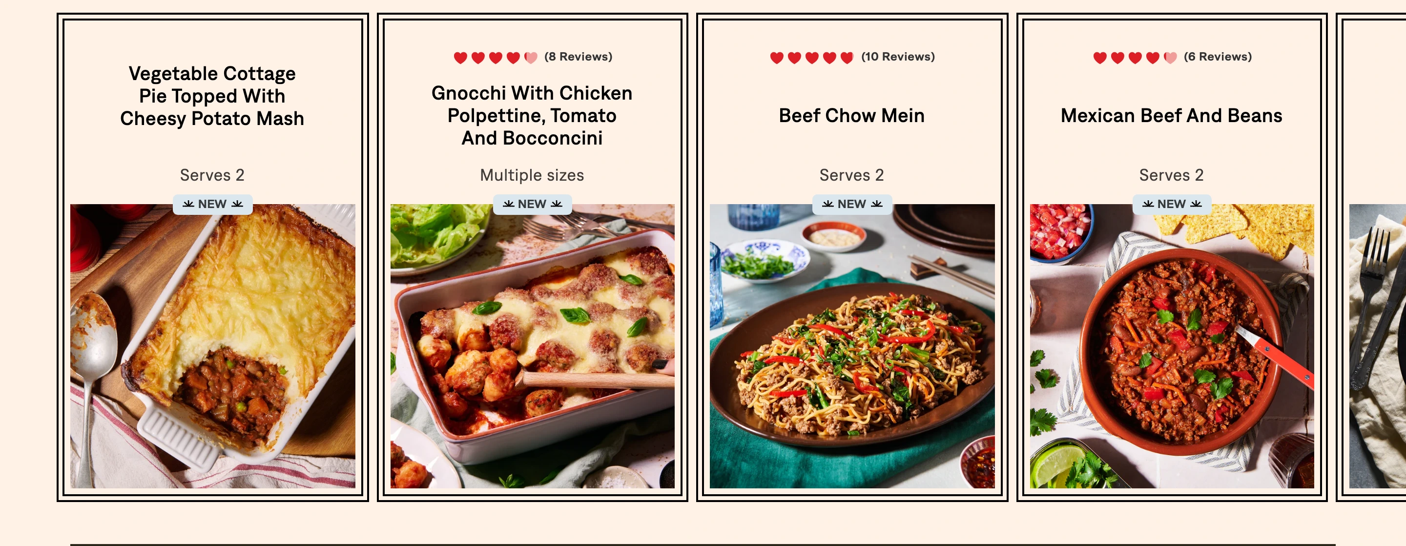 Warm and appetizing product carousel framing comforting home-cooked meals inside classic outlined cards.