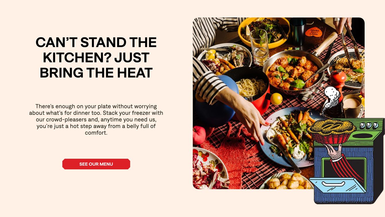 Playful, warm foodie split feature combining energetic overhead dinner photography, cheeky illustrated stickers, and punchy bold typography on soft cream.