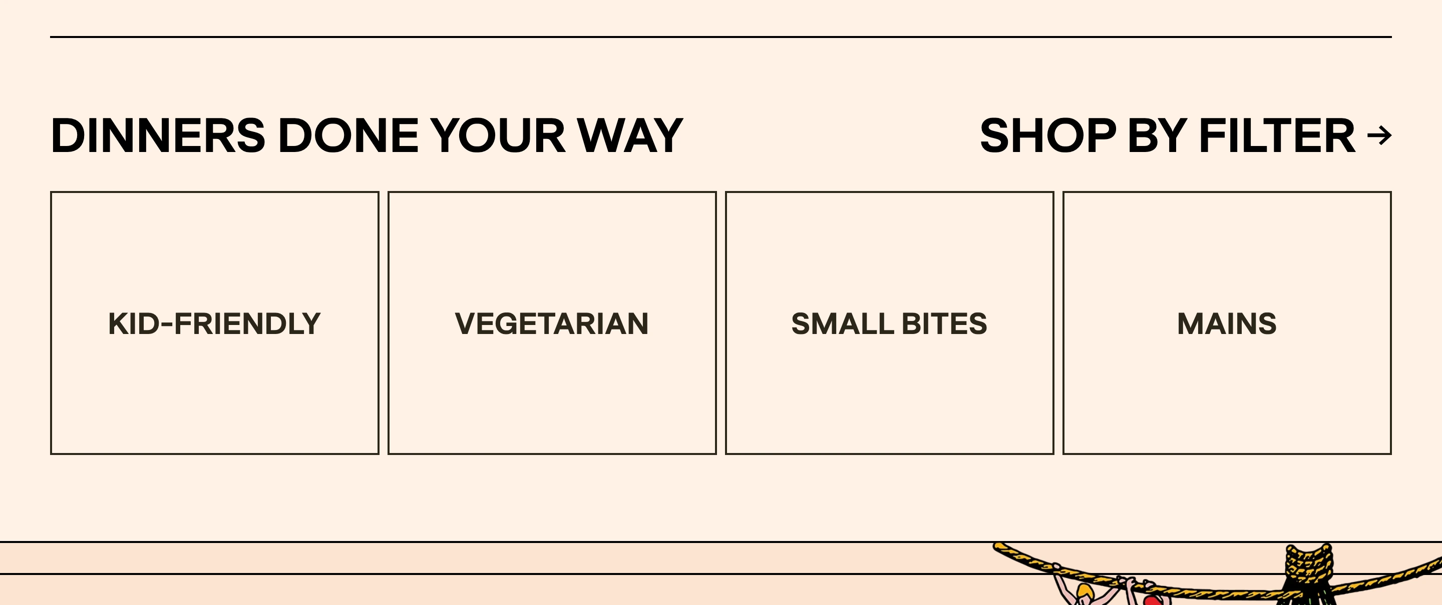Clean warm-toned category navigation grid with bold uppercase typography enclosed in crisp rectangular wireframe tiles.