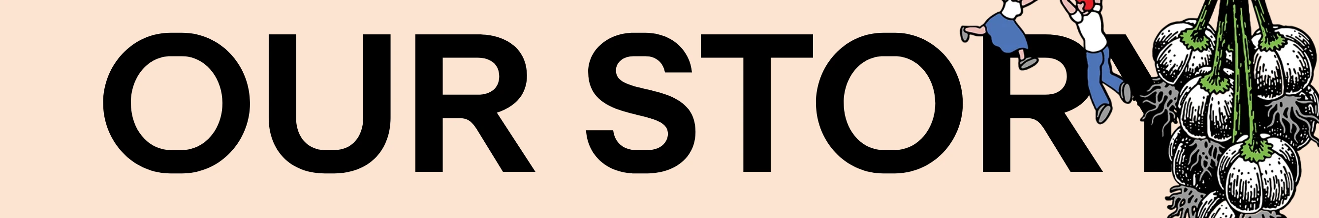 Oversized bold typography meets playful narrative illustration on a soft peach background, acting as an inviting editorial chapter divider.