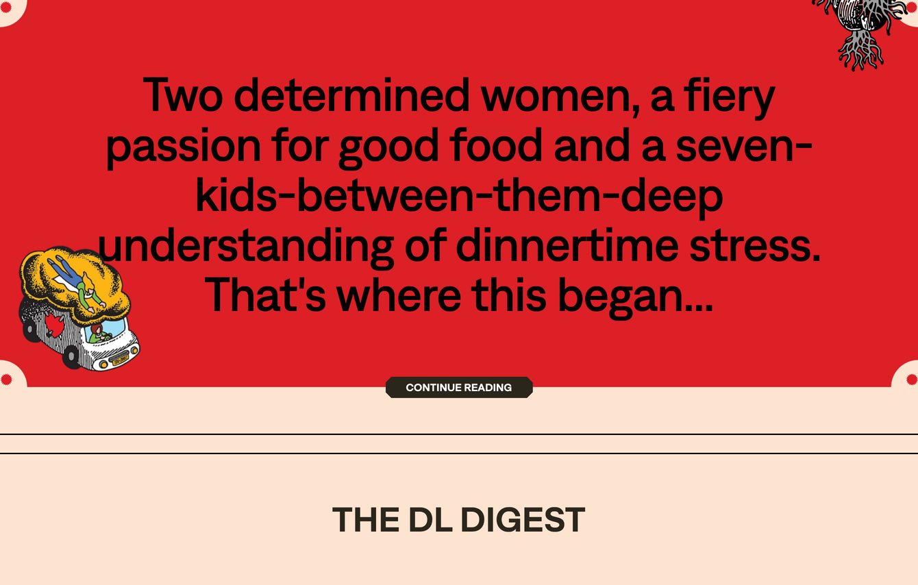 A punchy narrative statement framed inside a bright red coupon-style card flanked by playful hand-drawn illustrations.