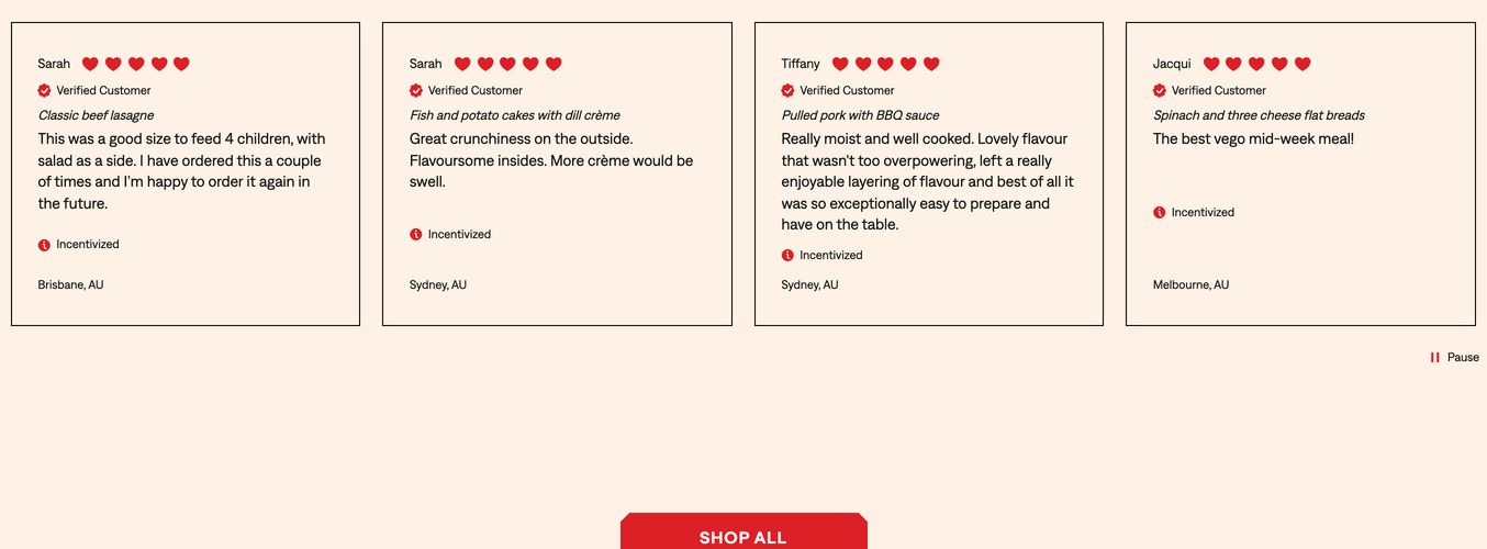 A clean, warm row of framed customer testimonial cards featuring red heart ratings and meal reviews above a bold call to action.