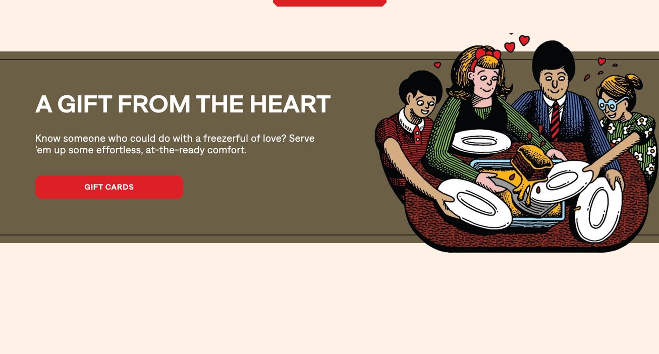 Warm and retro gift card banner pairing vintage comic-book illustrations with clean modern sans-serif typography across an earthy ribbon.