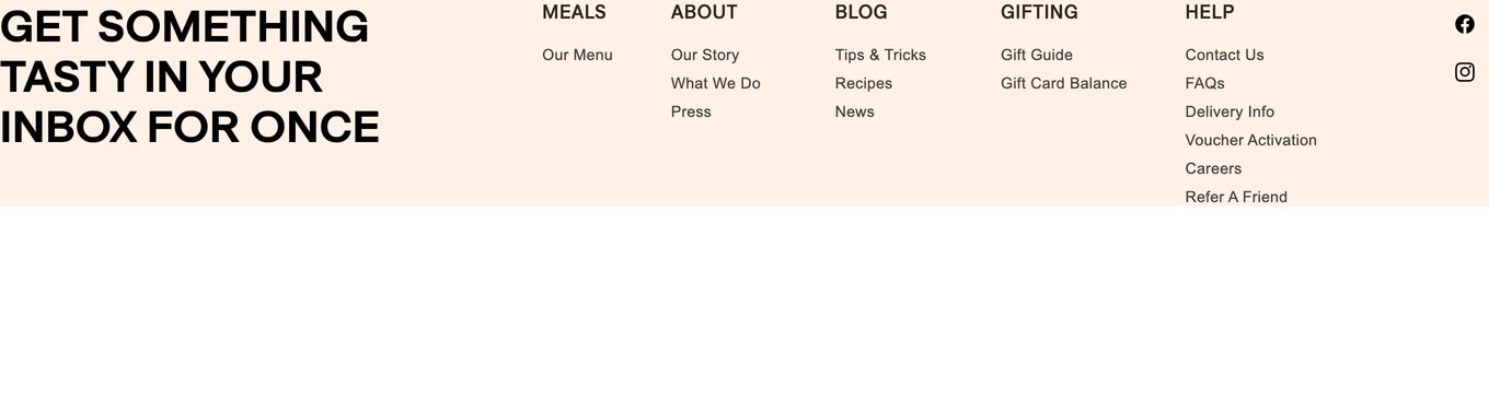 Clean, warm-toned website footer pairing a bold uppercase newsletter prompt with organized multi-column navigation links.