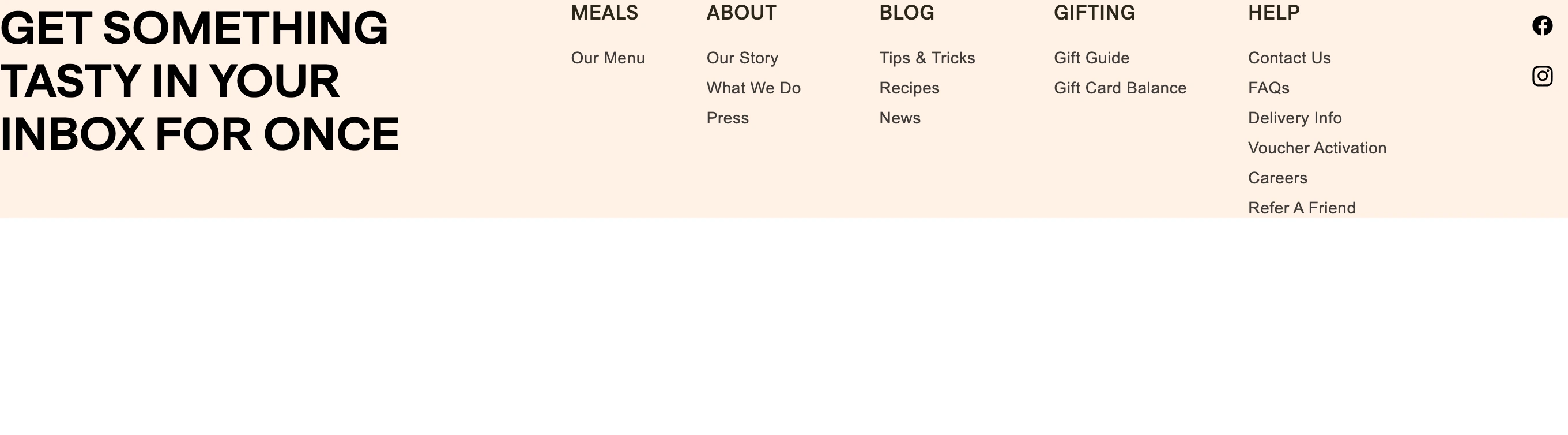 Clean, warm-toned website footer pairing a bold uppercase newsletter prompt with organized multi-column navigation links.