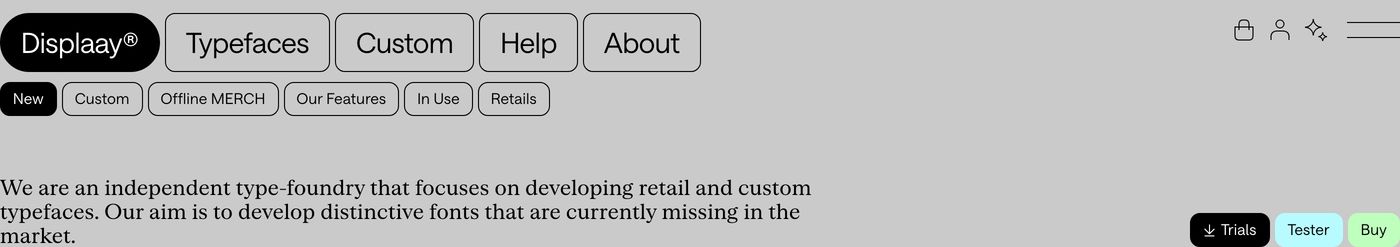 A modular, pill-driven navigation header with tactile outlined buttons and clinical type-foundry precision.