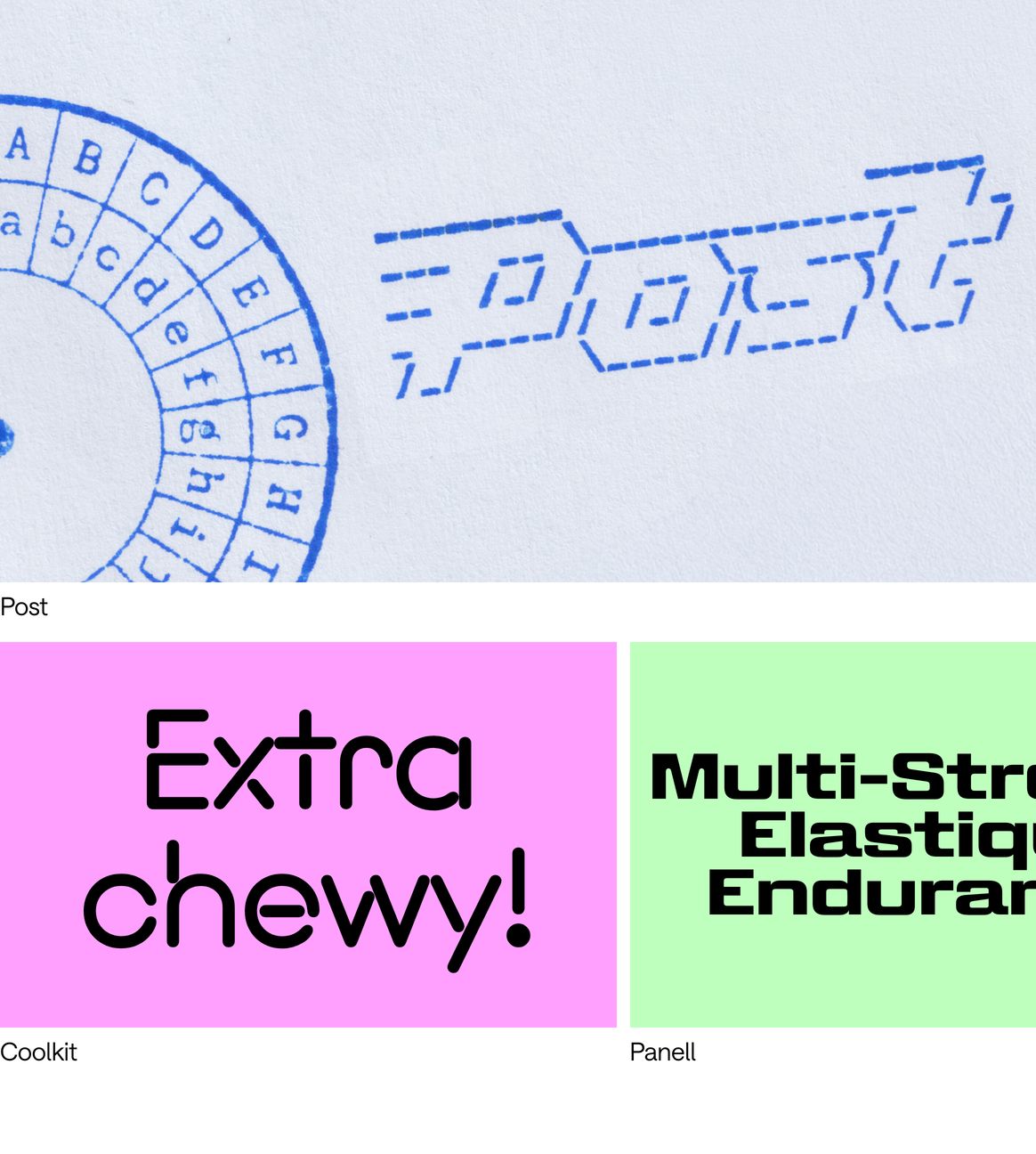 Tactile and playful graphic design showcase featuring colorful specimen tiles alongside stamped print artifacts.