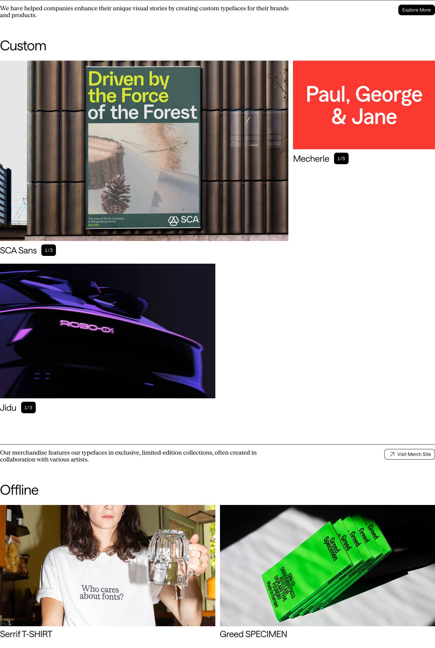 Clean Swiss-inspired foundry portfolio showcasing custom typefaces and merchandise across a structured editorial grid.