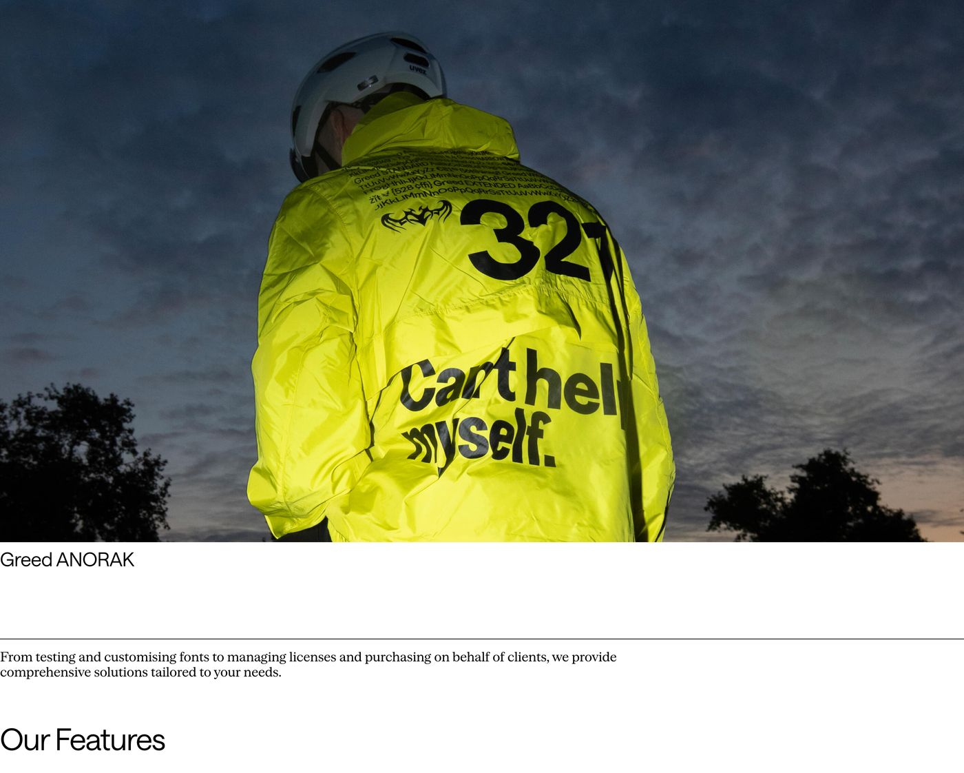 High-impact editorial showcase contrasting a moody, flash-lit neon jacket photograph with clean typographic hierarchy on stark white.