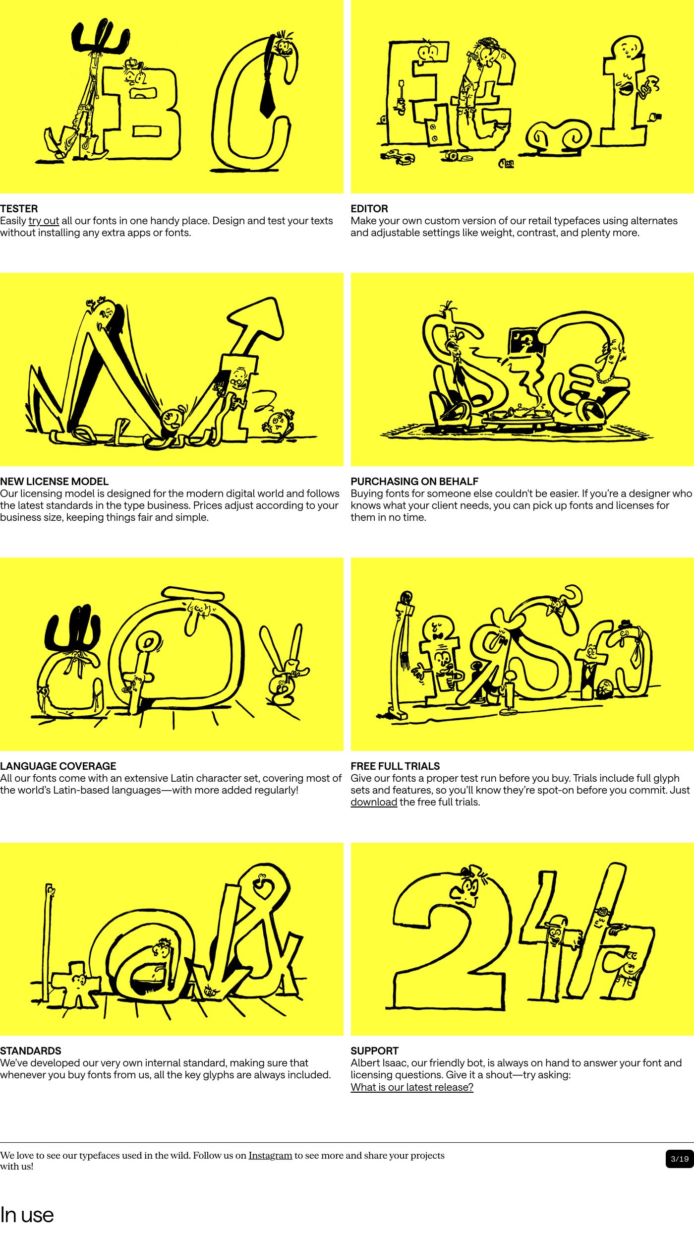 Playful comic-strip feature grid pairing lively yellow character illustrations with concise, sharp typography.