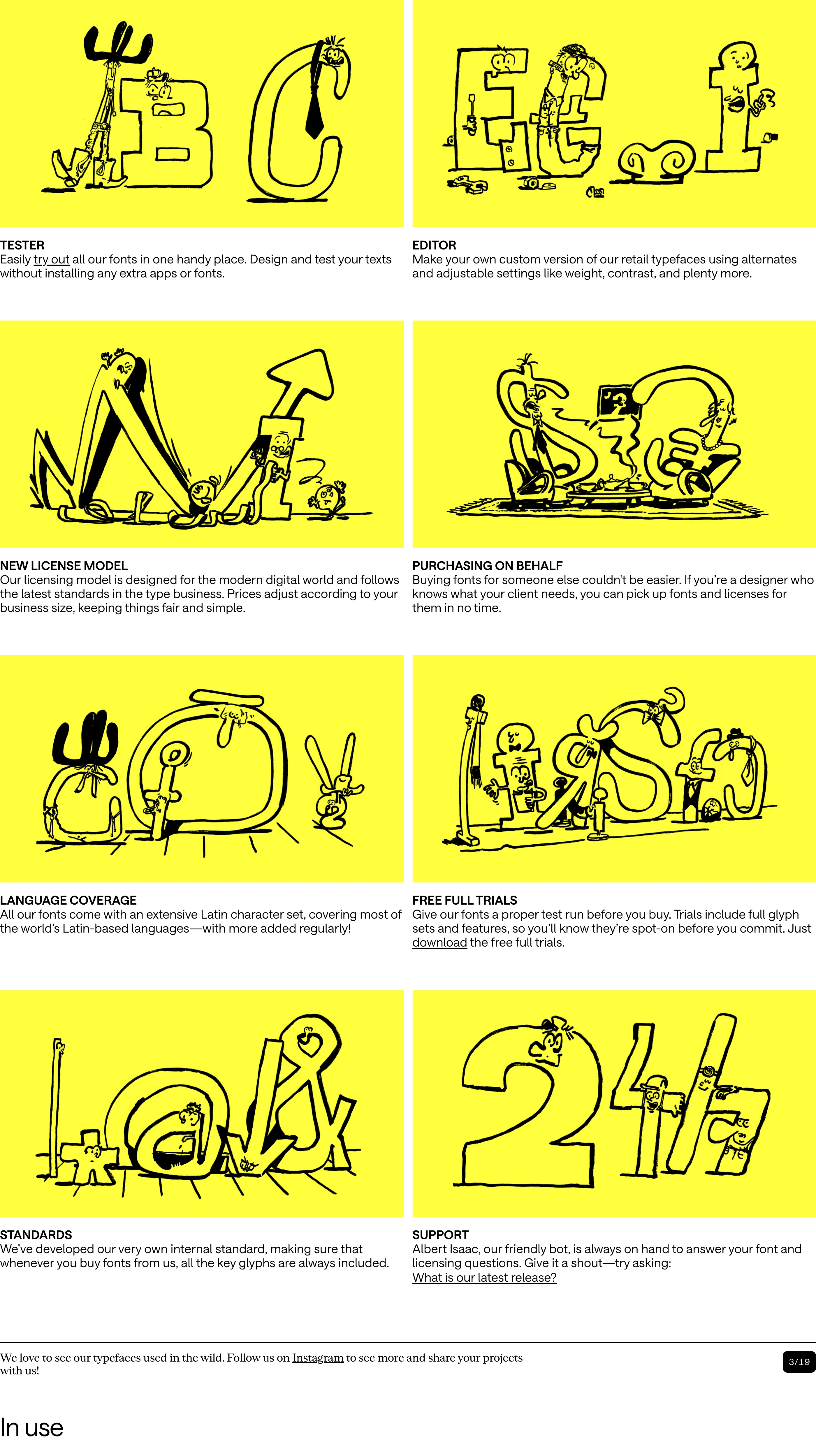 Playful comic-strip feature grid pairing lively yellow character illustrations with concise, sharp typography.