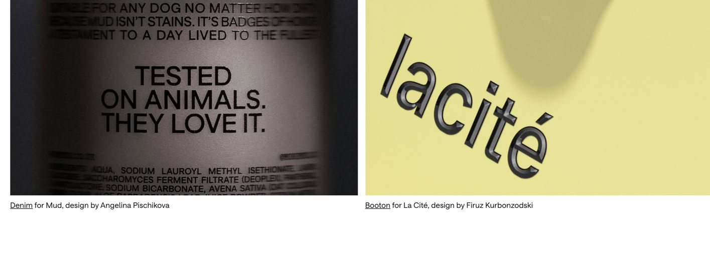 Minimalist editorial showcase pairing high-contrast tactile close-up typography photography with understated credit captions.