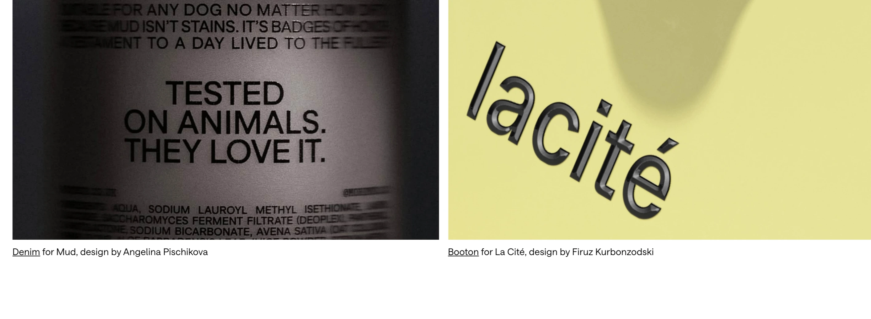 Minimalist editorial showcase pairing high-contrast tactile close-up typography photography with understated credit captions.