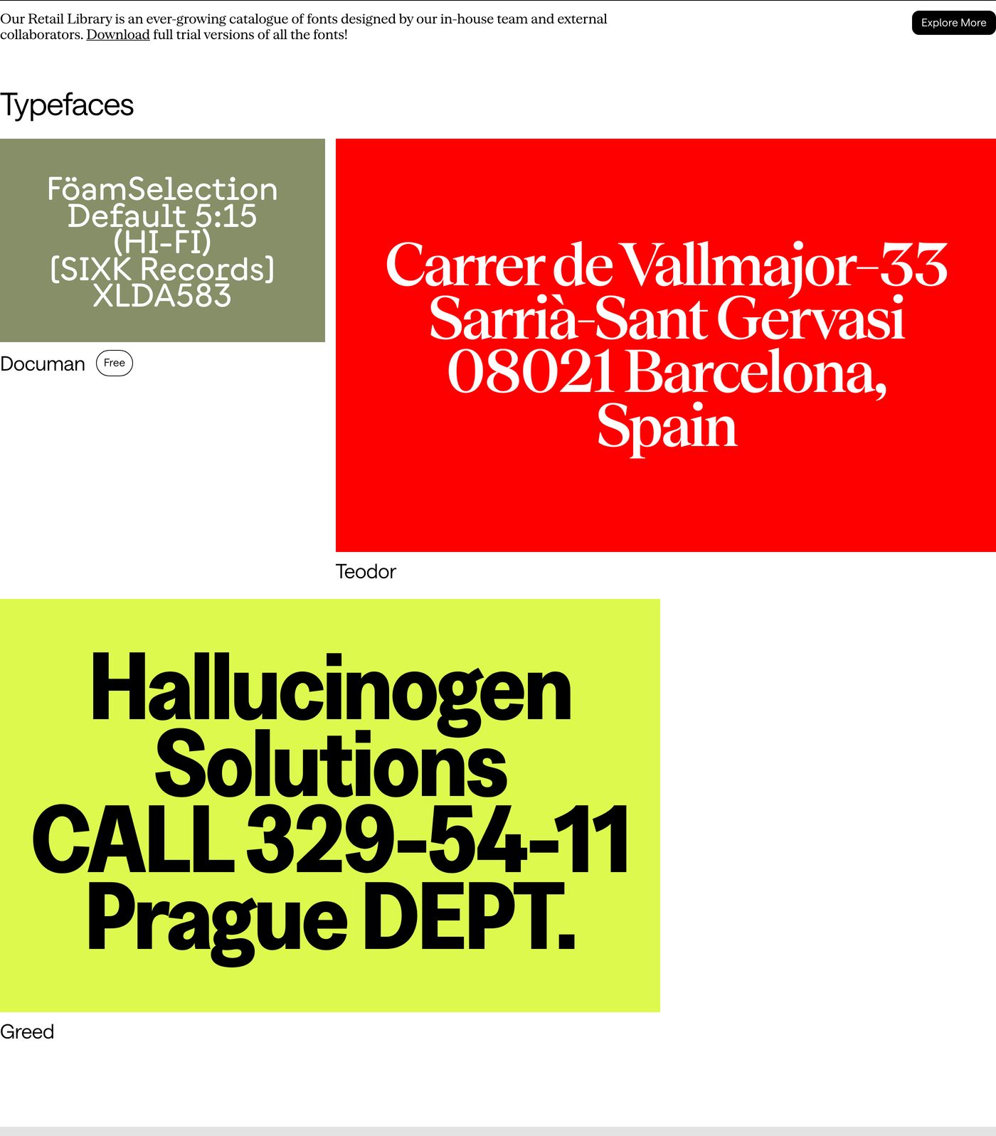 High-contrast typography showcase featuring vibrant specimen cards in saturated red, muted olive, and acid yellow against stark white.