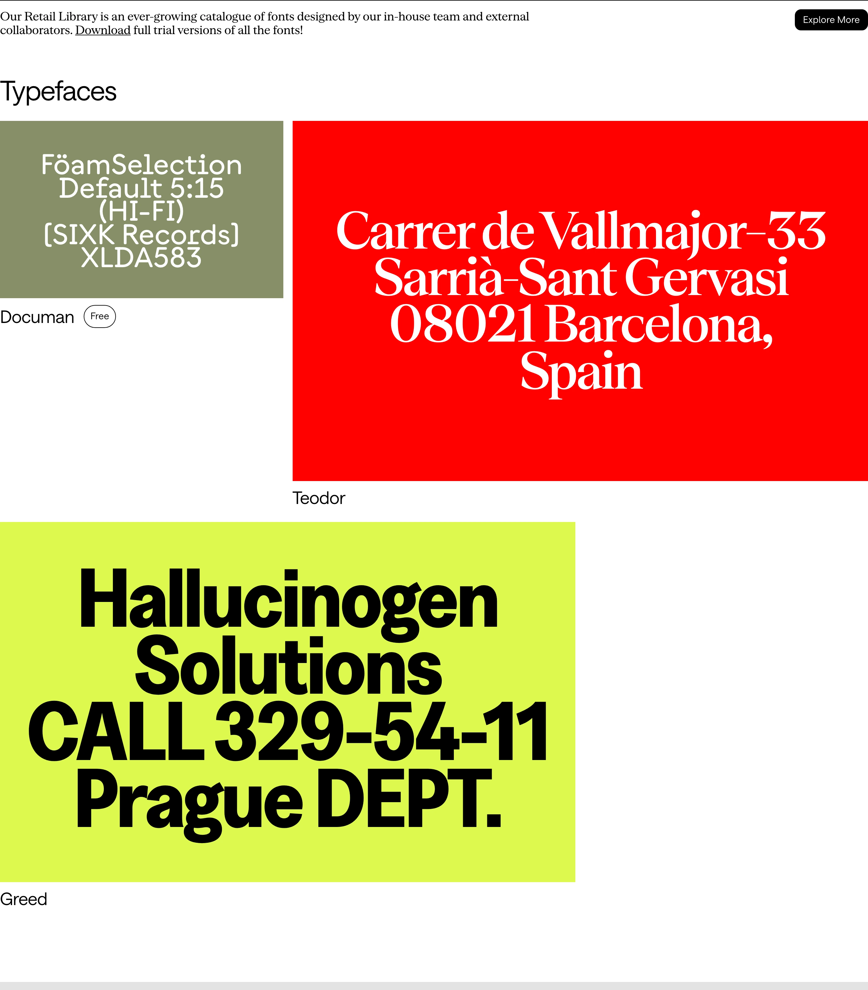 High-contrast typography showcase featuring vibrant specimen cards in saturated red, muted olive, and acid yellow against stark white.