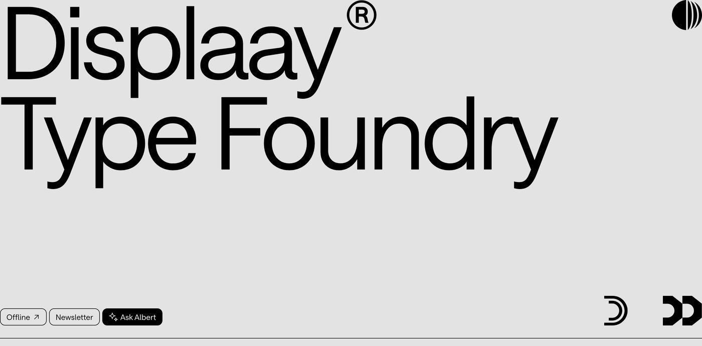 Massive, confident typographic branding occupies a pale grey footer grounded by tiny utilitarian navigation pills.