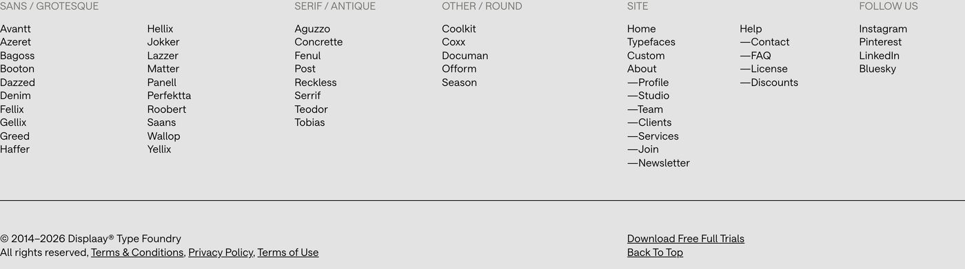 Systematic type foundry directory footer structured with Swiss precision on a cool grey ground.