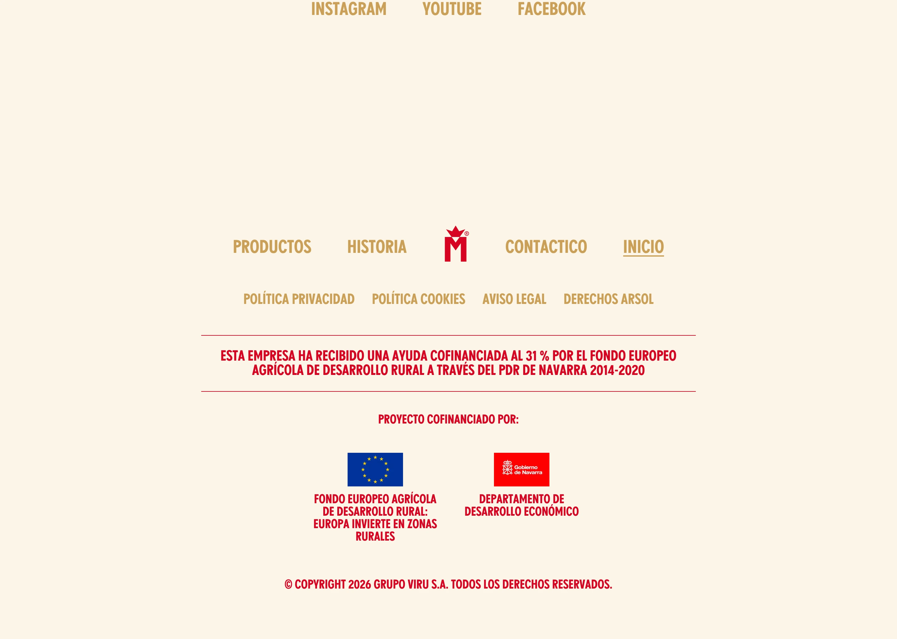 A warm cream footer with centered condensed red typography, brand navigation, and institutional co-financing badges arranged in quiet symmetry.