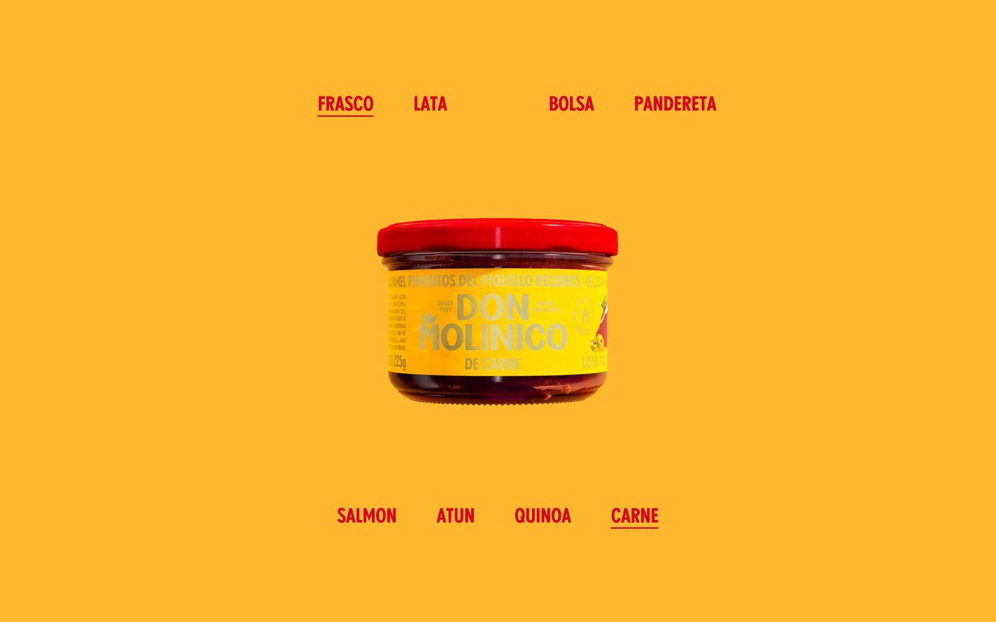 Vibrant yellow interactive product showcase centered around a single jar with top and bottom category selectors in bold red.