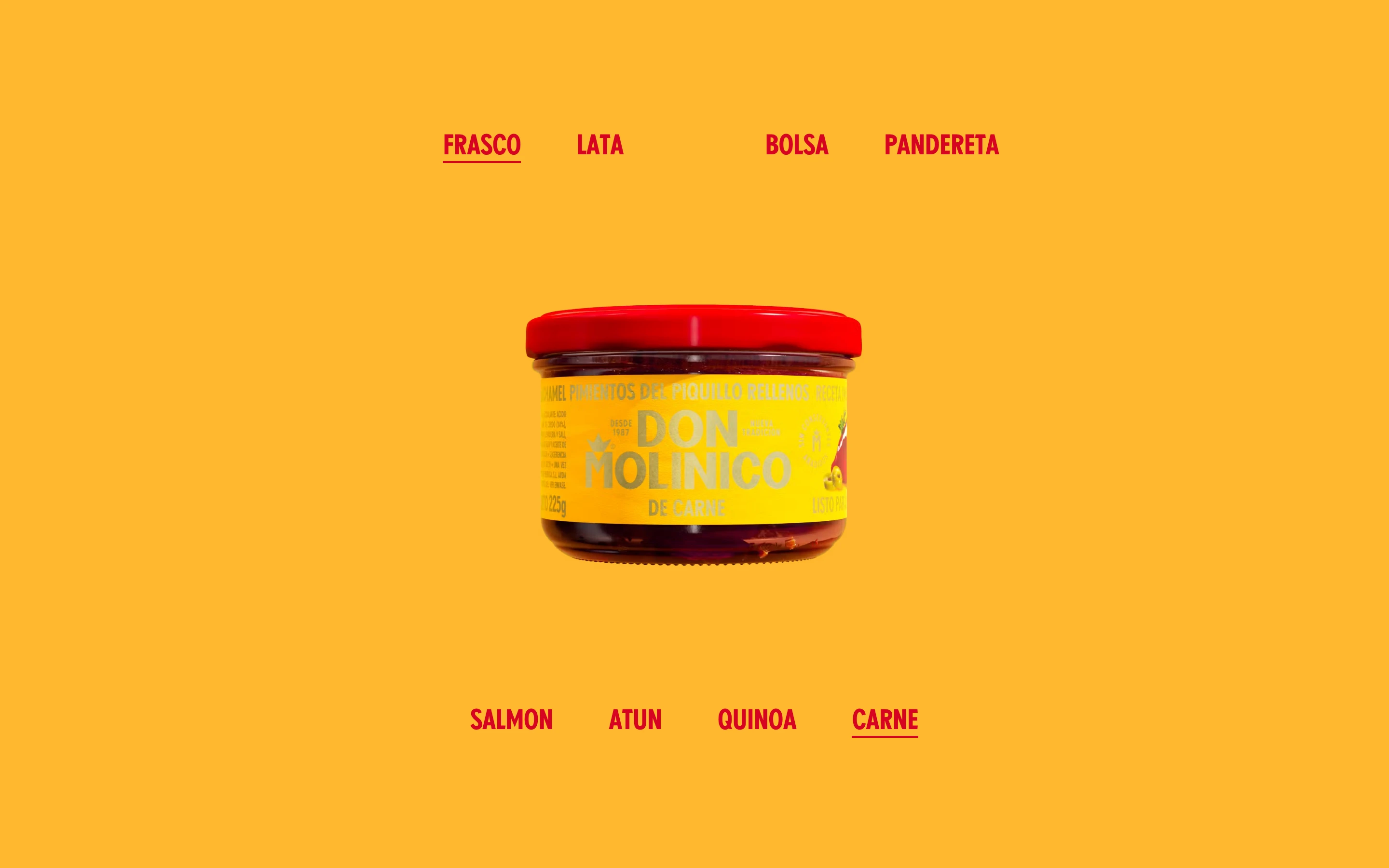 Vibrant yellow interactive product showcase centered around a single jar with top and bottom category selectors in bold red.