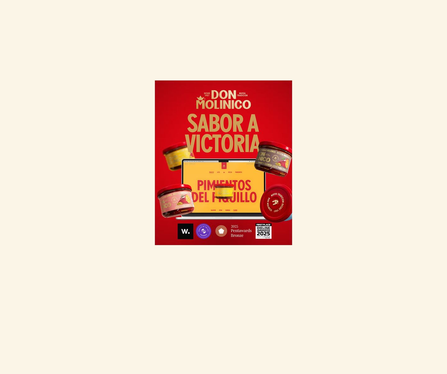 Vibrant and celebratory crimson poster section featuring high-energy condensed type, floating packaged jars, and prestigious industry design awards.