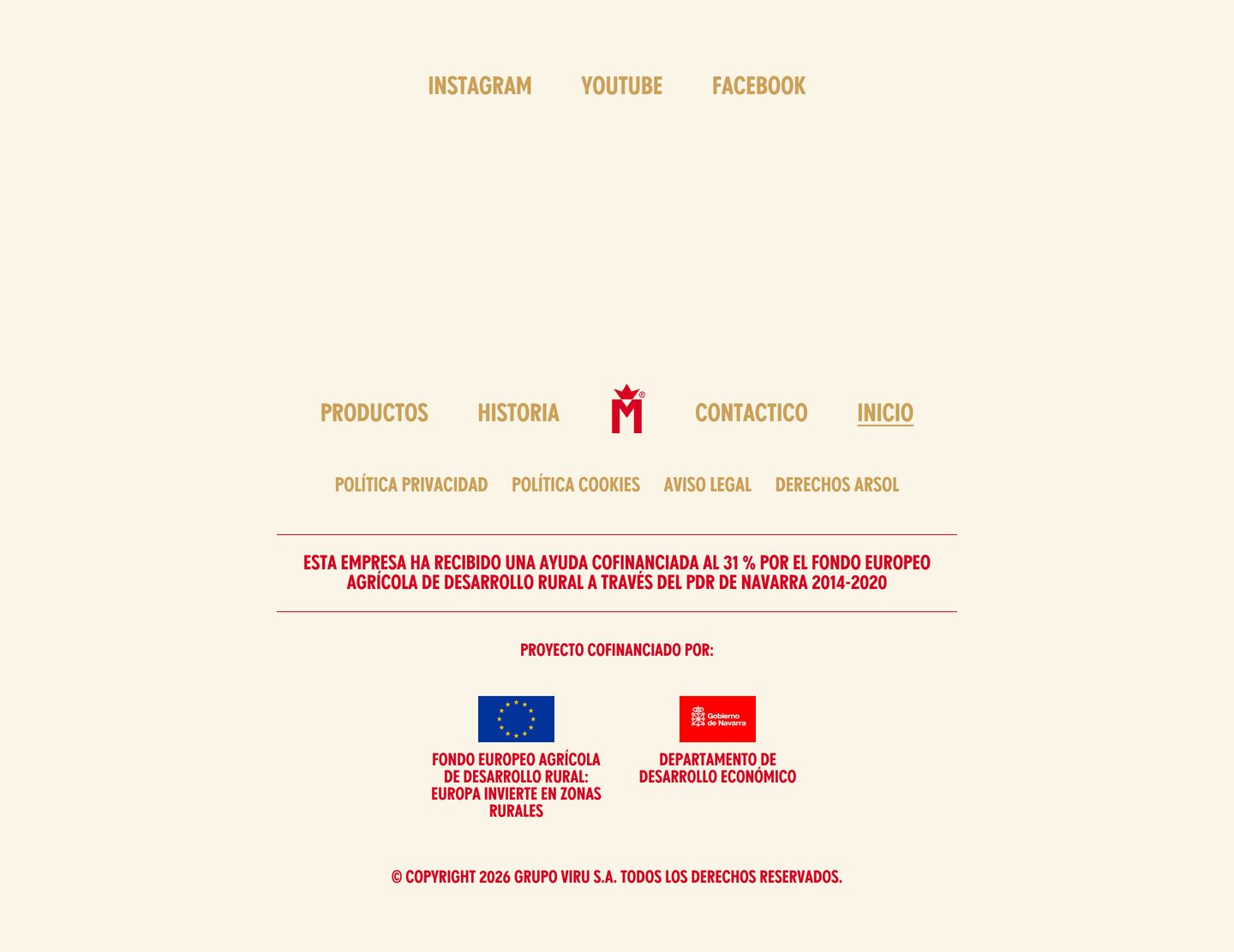 A warm cream-toned footer with centered vintage condensed typography and institutional co-financing badges.