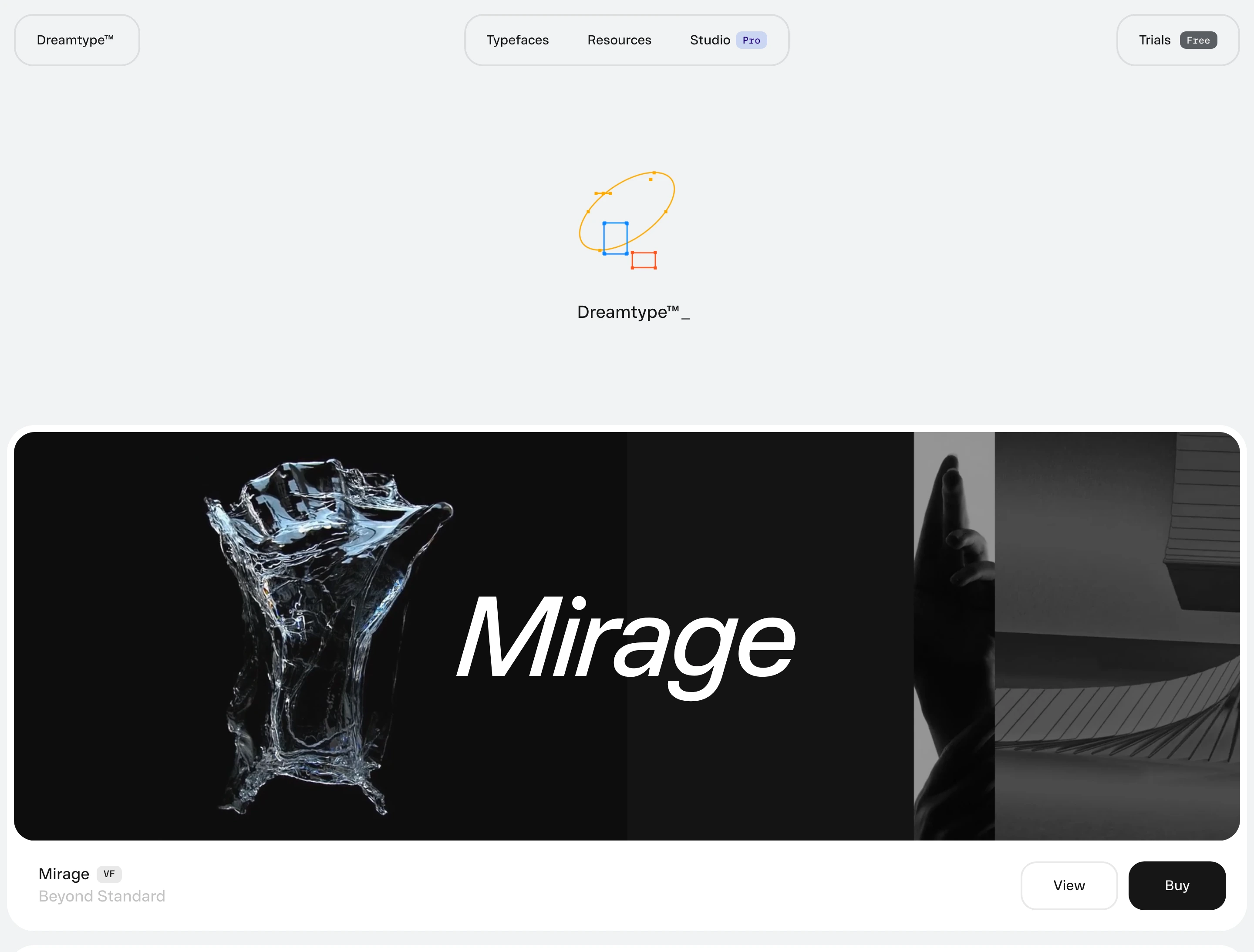 Quiet and clinical type foundry hero pairing floating pill navigation with a sleek, high-contrast specimen showcase.