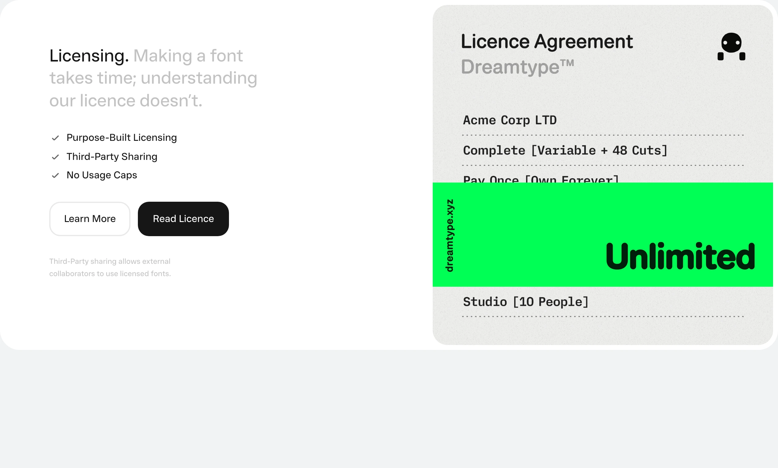 A crisp split layout explaining font licensing terms beside a tactile simulated certificate card with a bold graphic highlight.