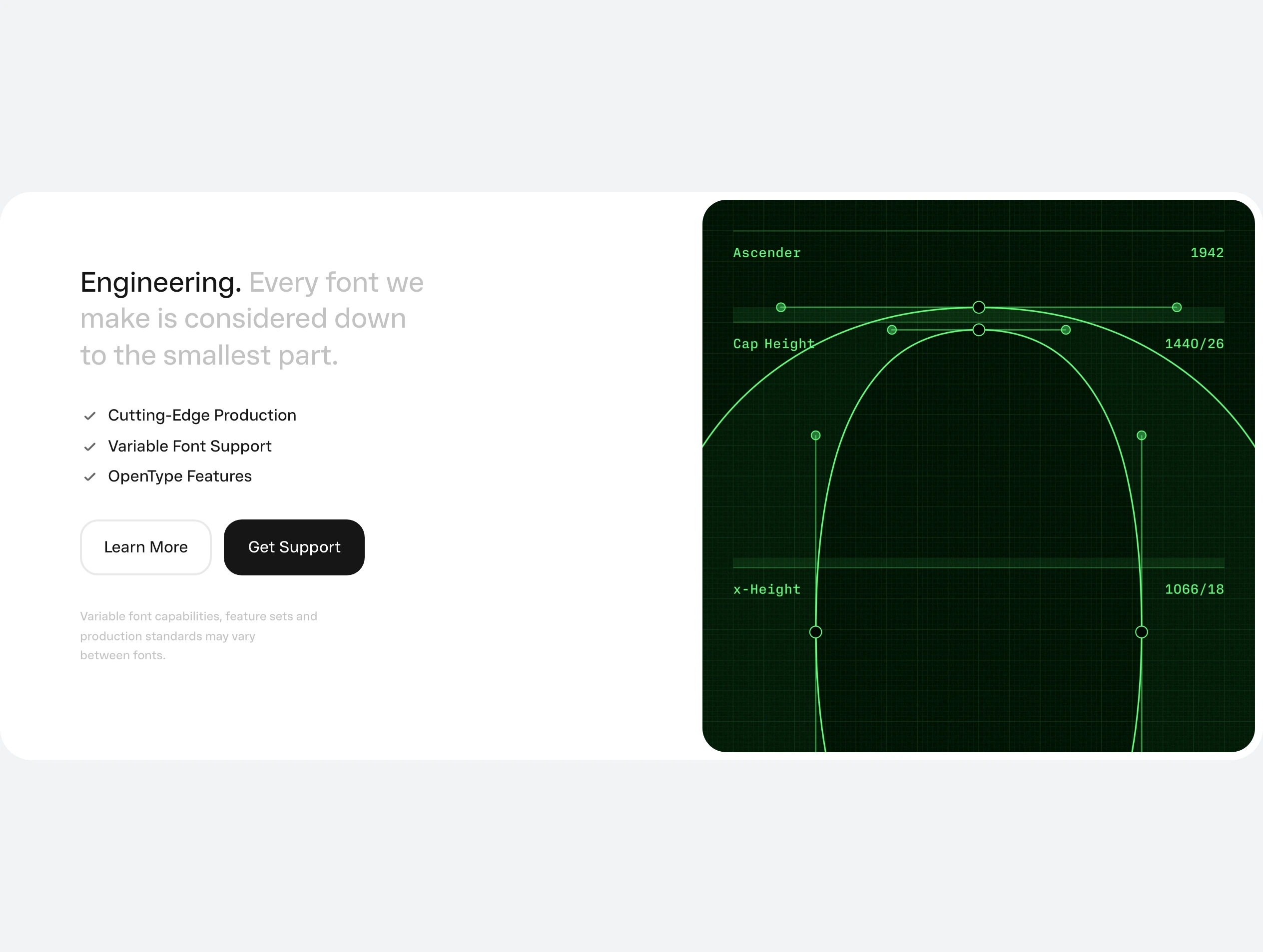 Precise, technical feature card presenting typography engineering through a green oscilloscope-style vector grid diagram paired with crisp copy.