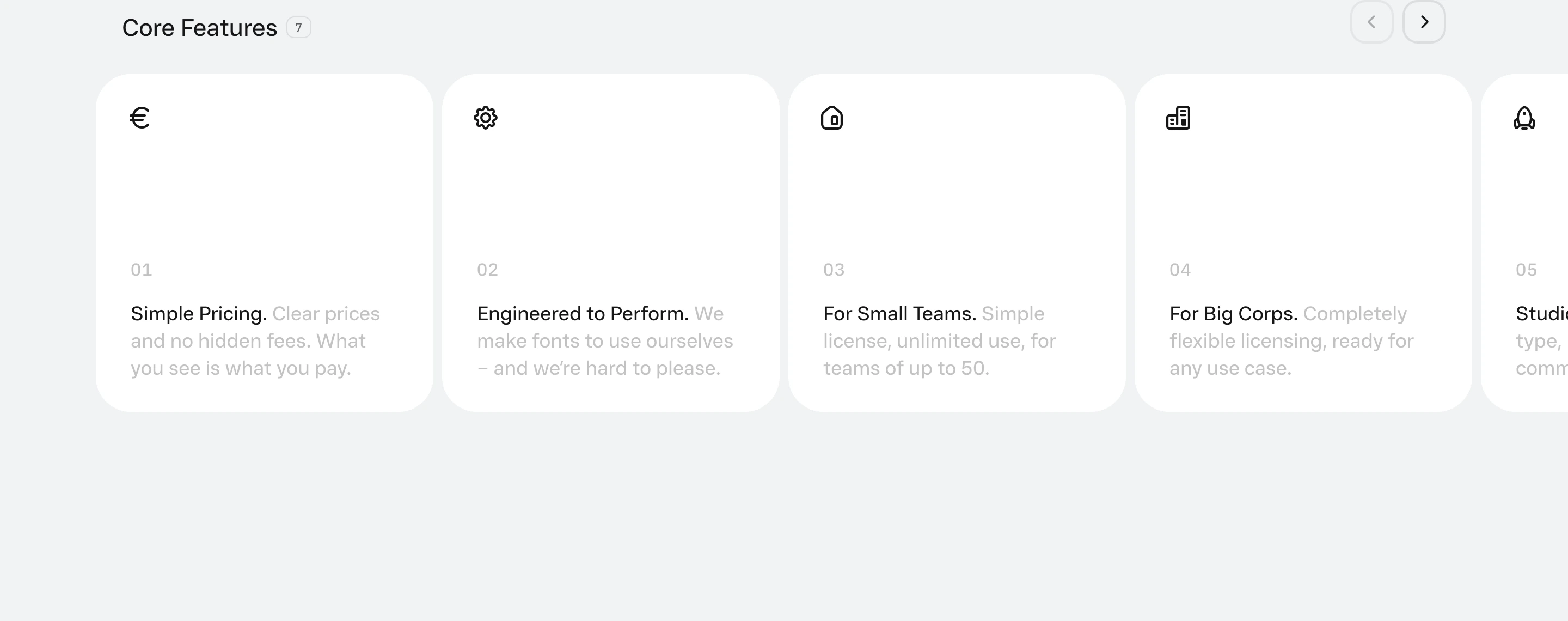 A pristine, airy carousel of rounded feature cards with numbered captions and minimal monochrome line icons.