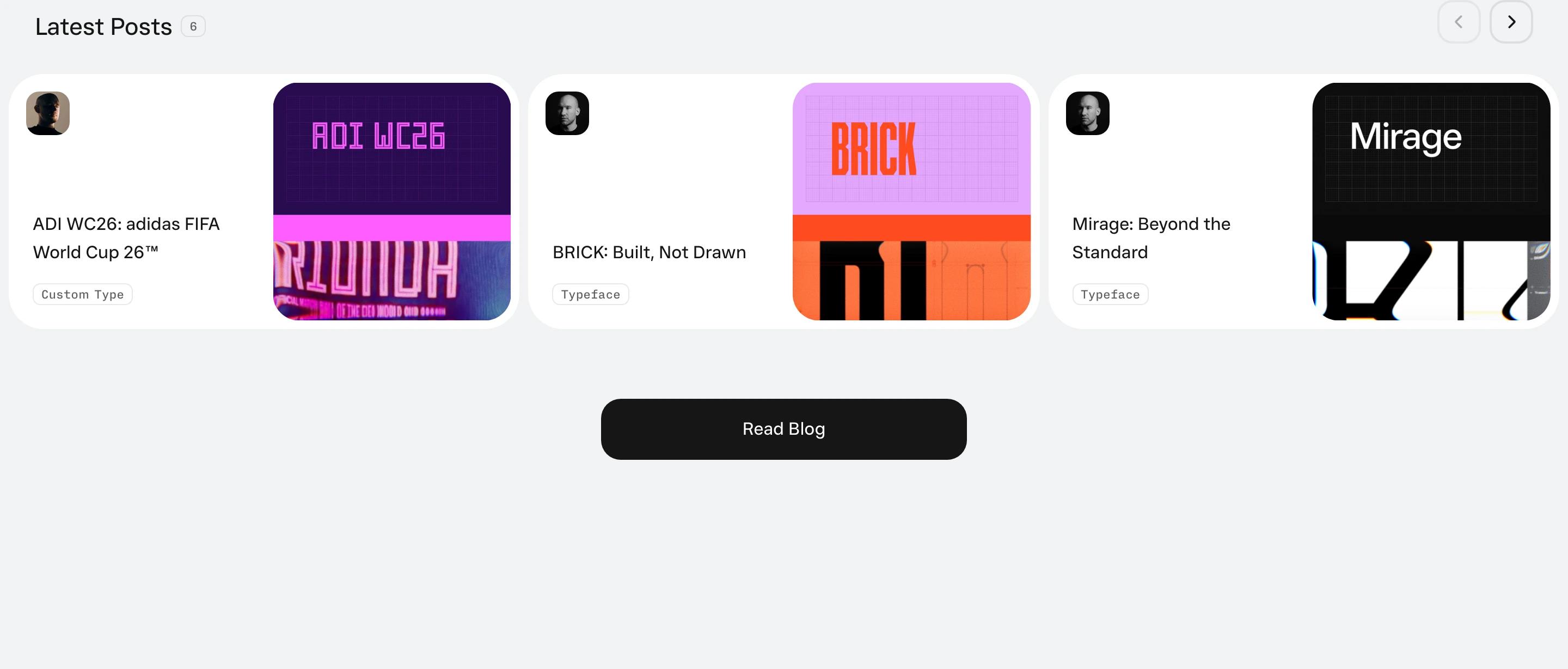Clean typographic blog carousel featuring rounded cards with split project artwork and pill tags.