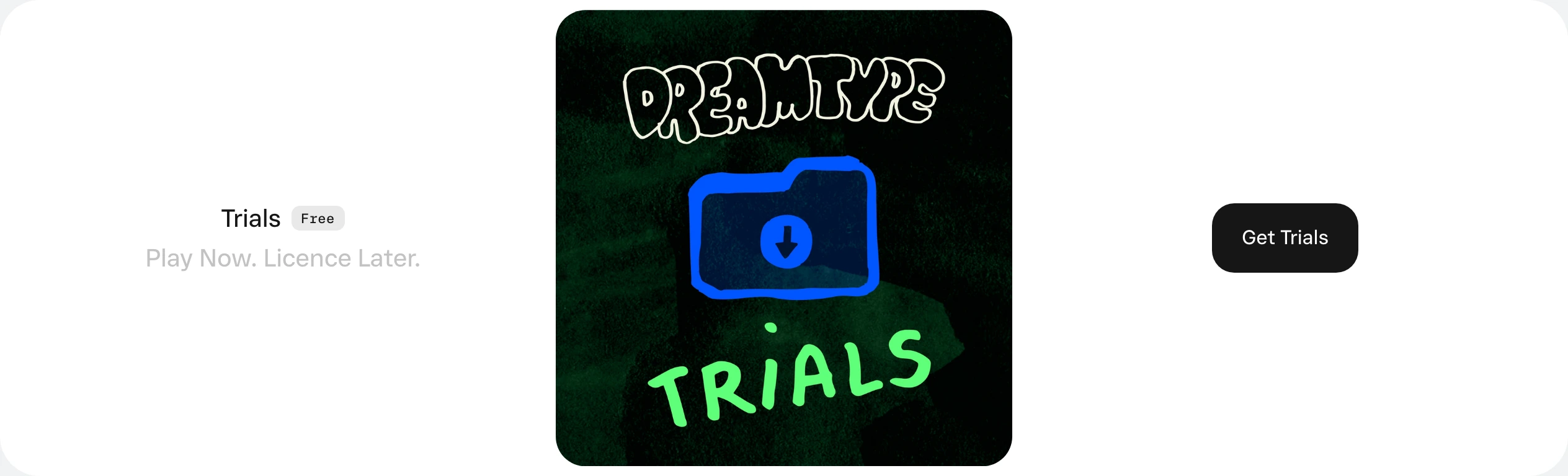 Spacious minimalist trial callout anchored by a dark, doodle-illustrated square graphic flanked by clean text and a pill action button.