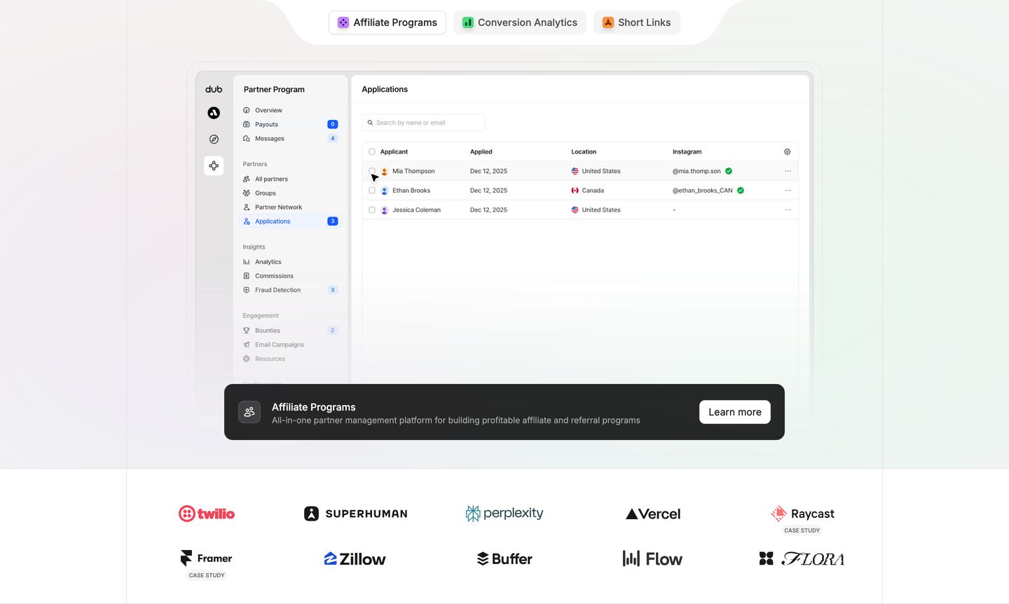 A pristine product dashboard mockup floating over subtle gridlines with an interactive tab switcher and a dark floating CTA bar.