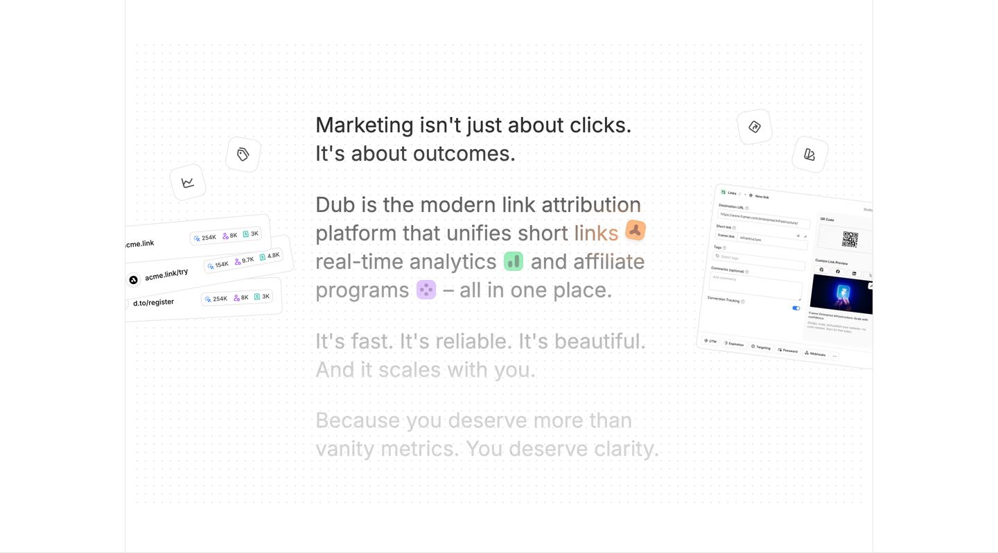 A crisp product statement framed by floating UI cards and inline icon badges over a subtle dot matrix grid.