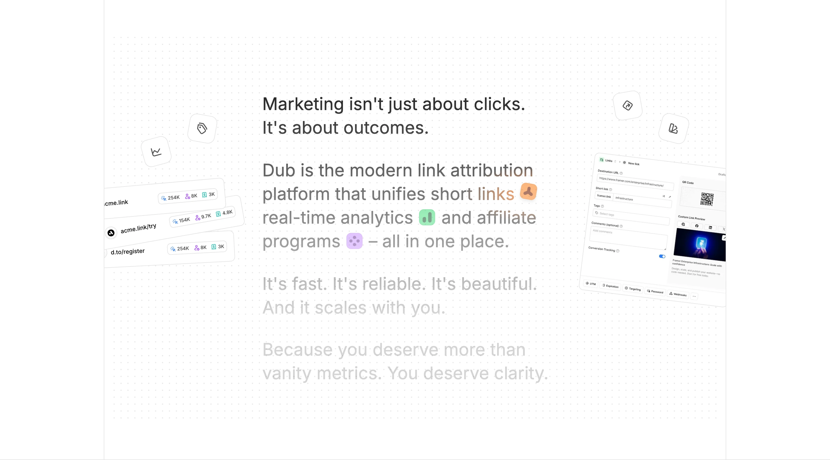 A crisp product statement framed by floating UI cards and inline icon badges over a subtle dot matrix grid.