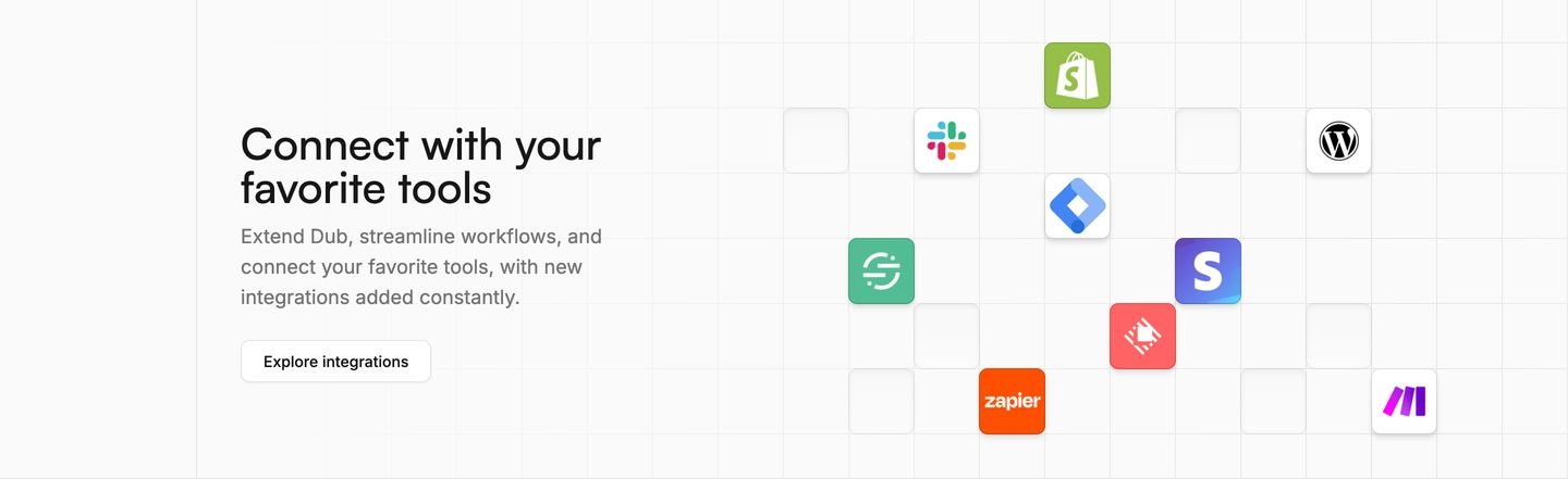 Crisp and airy integration showcase pairing concise copy with colorful app tiles floating on an engineered background grid.