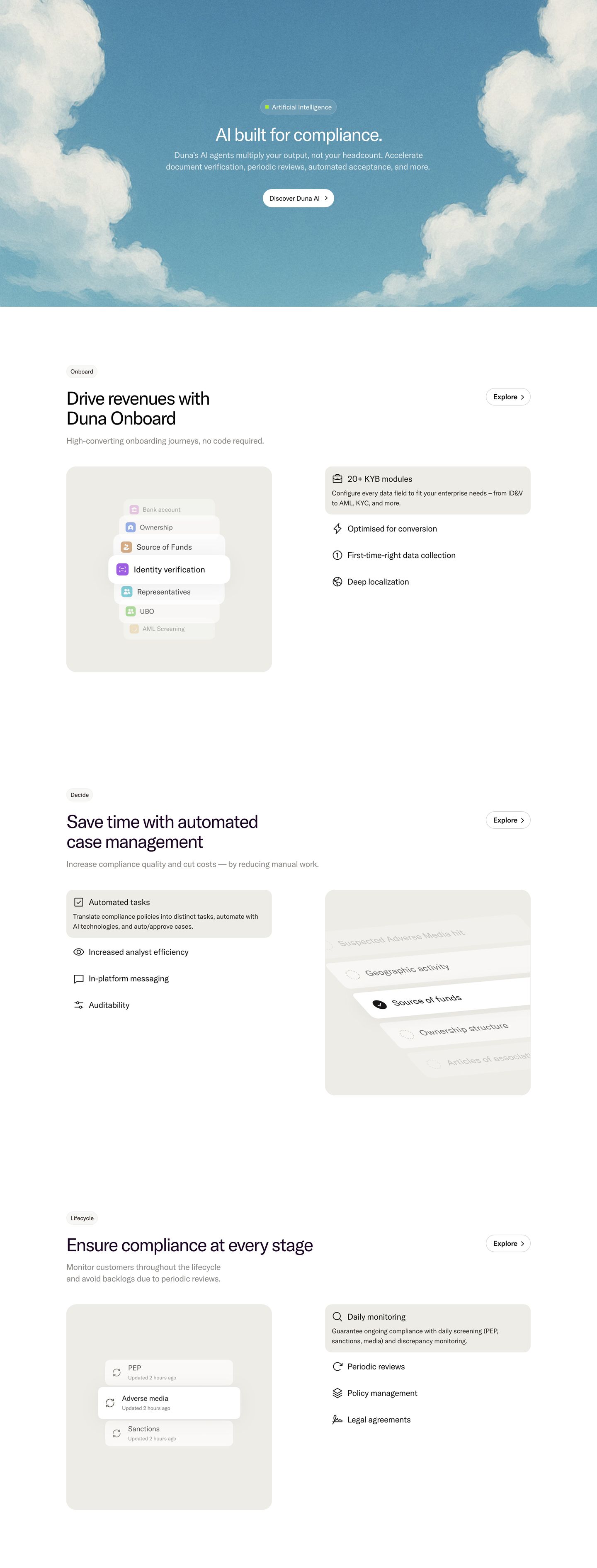 Clean, airy SaaS feature breakdown alternating stacked UI cards and list items beneath a painterly sky banner.