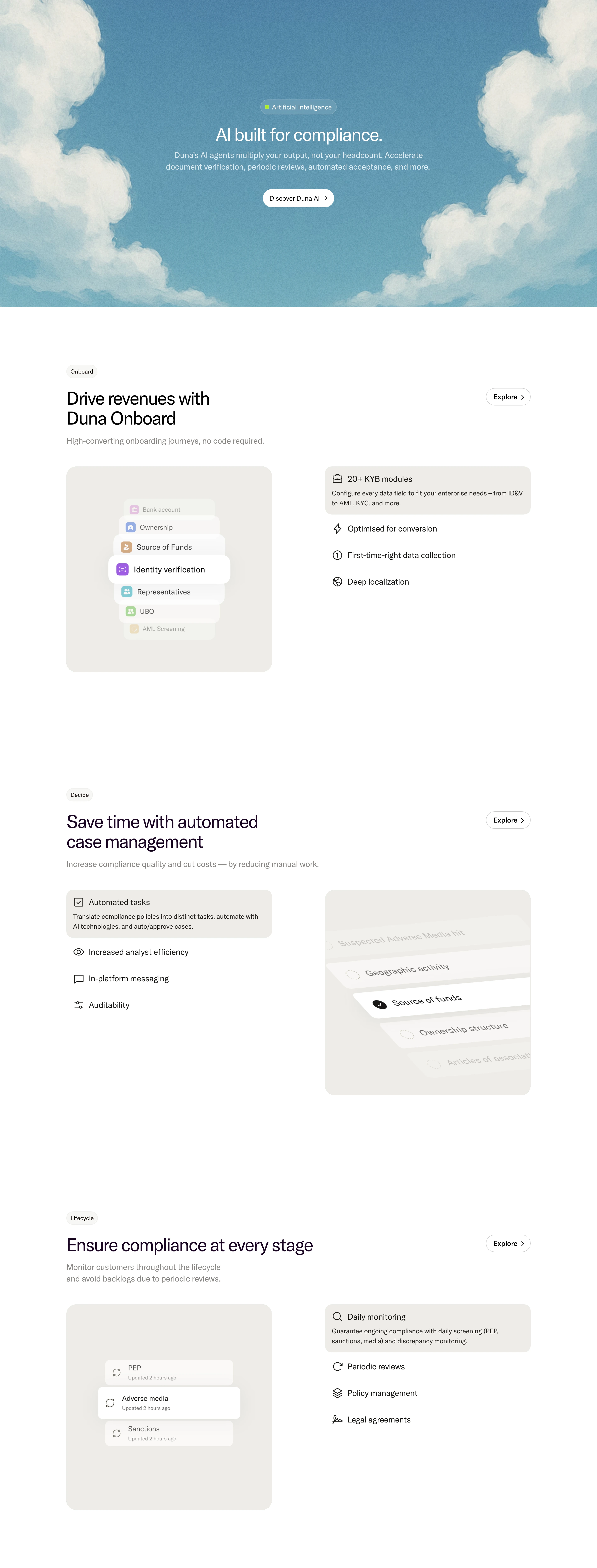 Clean, airy SaaS feature breakdown alternating stacked UI cards and list items beneath a painterly sky banner.