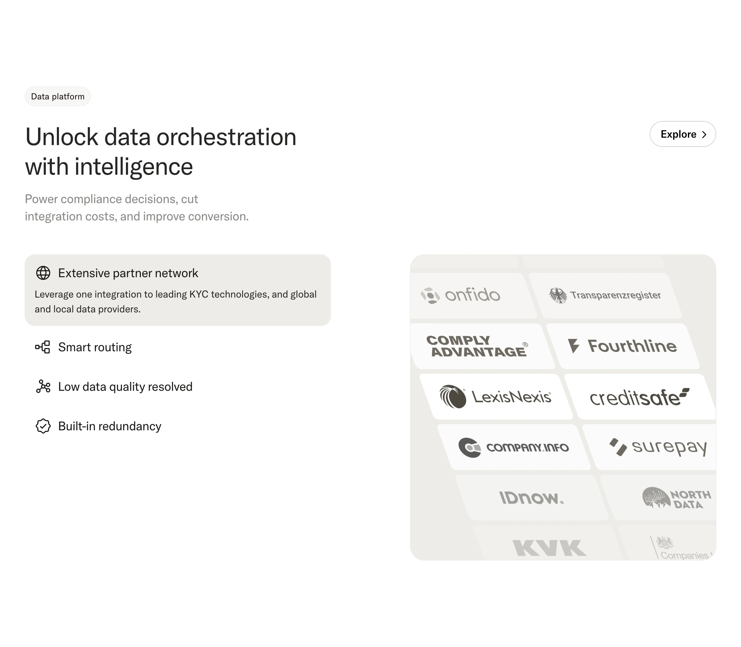 A clean, clinical enterprise feature showcase pairing an interactive list with an angled isometric wall of partner integration logos.