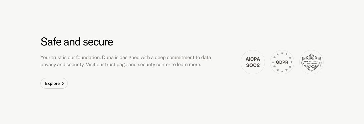Minimalist, clean trust and compliance band featuring quiet typography paired with circular security certification badges on a pale grey field.