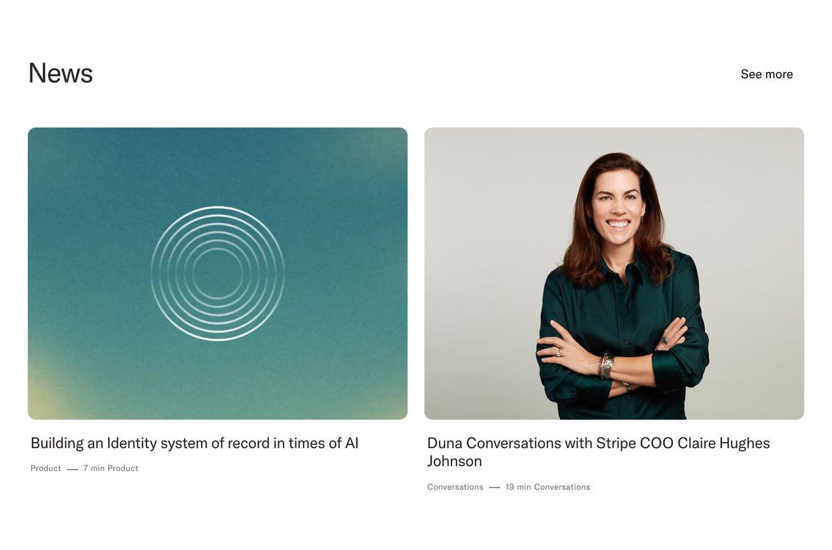 A clean, restrained news feed pairing poised photography and abstract graphic cards with generous whitespace.