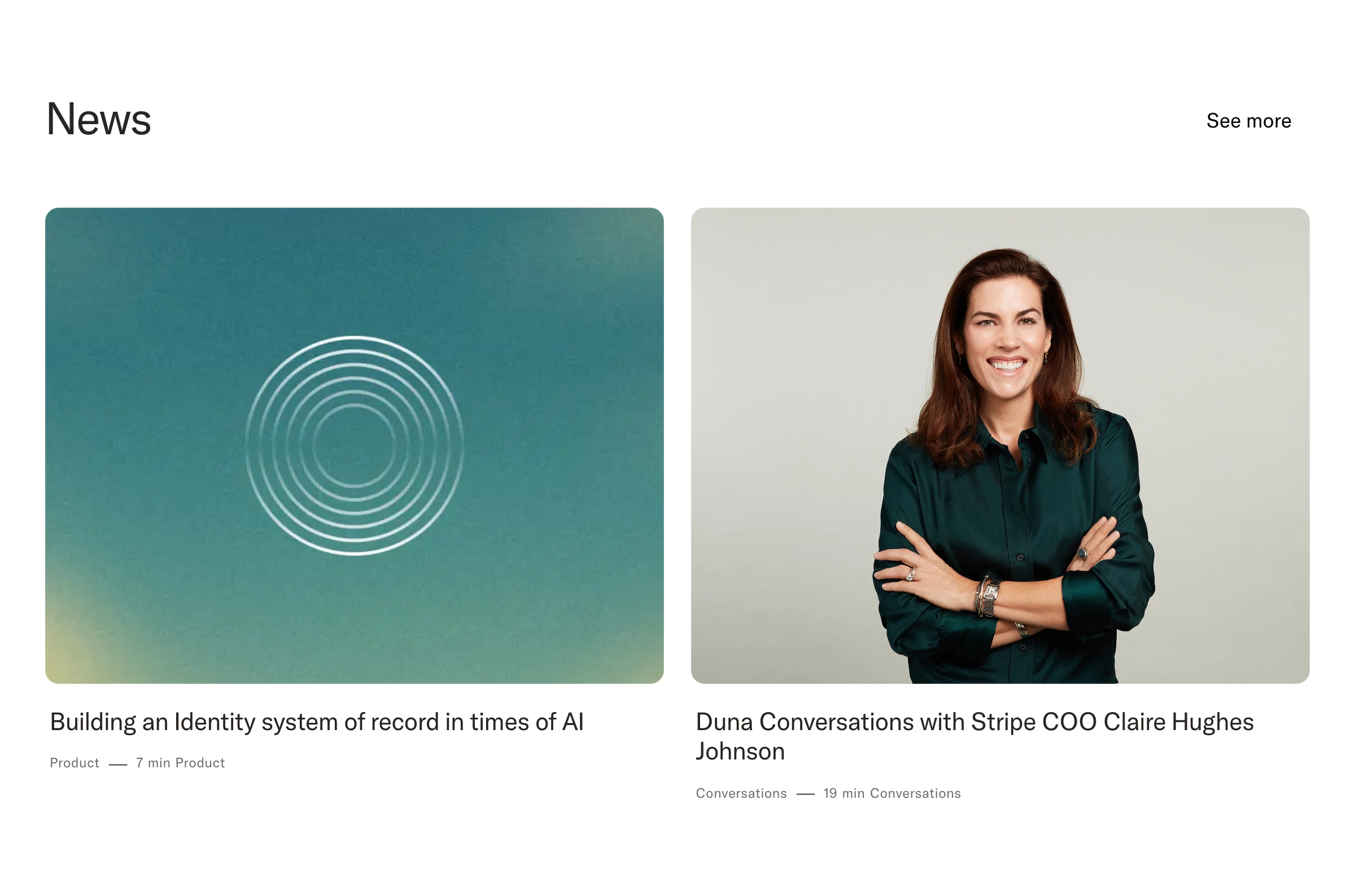 A clean, restrained news feed pairing poised photography and abstract graphic cards with generous whitespace.