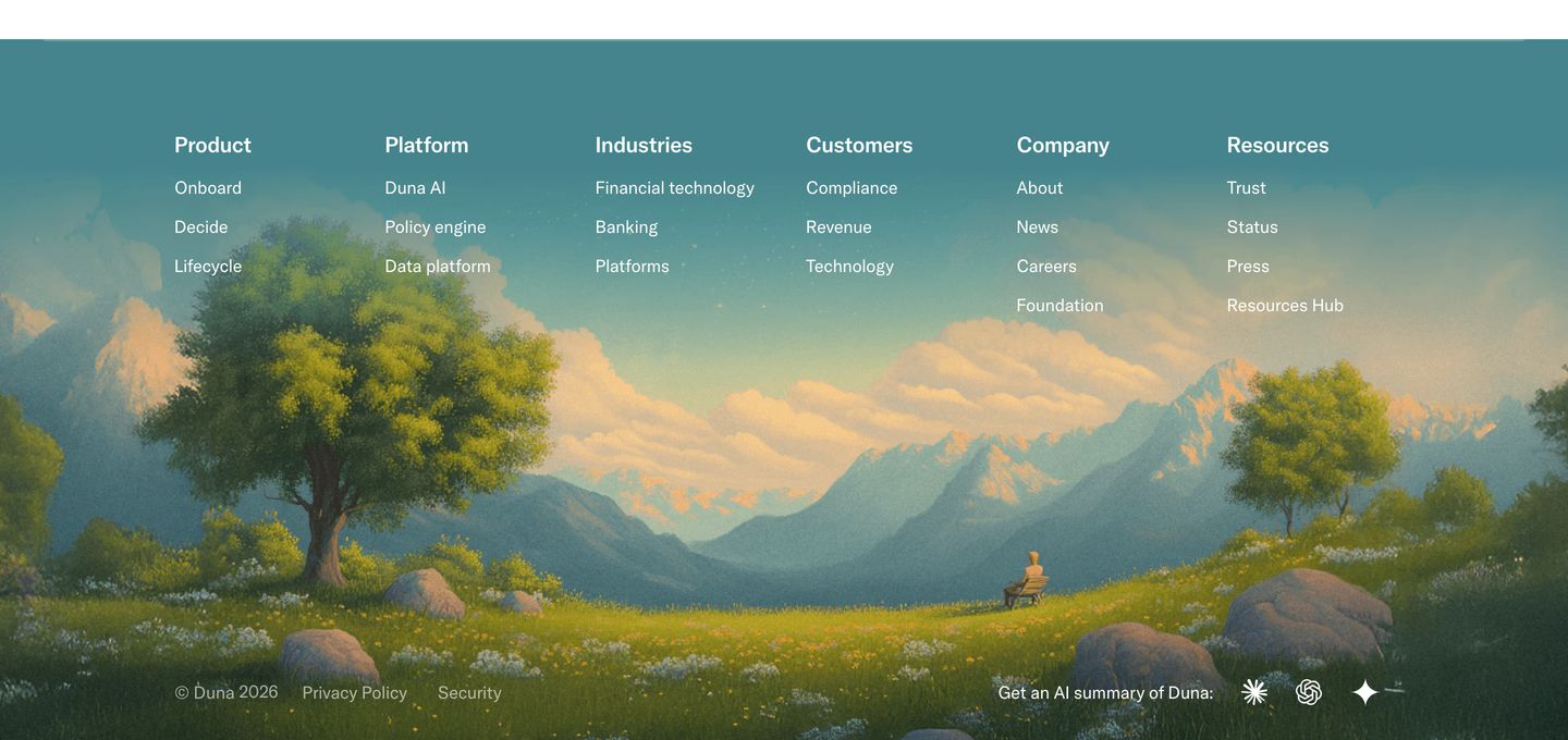 Serene painterly landscape backdrop transforming a standard multi-column footer into an immersive, dreamy closing note.