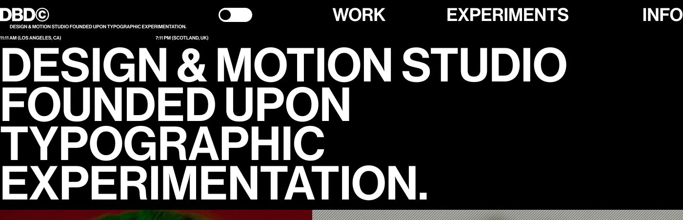 Monochrome, high-impact studio hero dominated by massive uppercase grotesque type and utilitarian navigation accents.