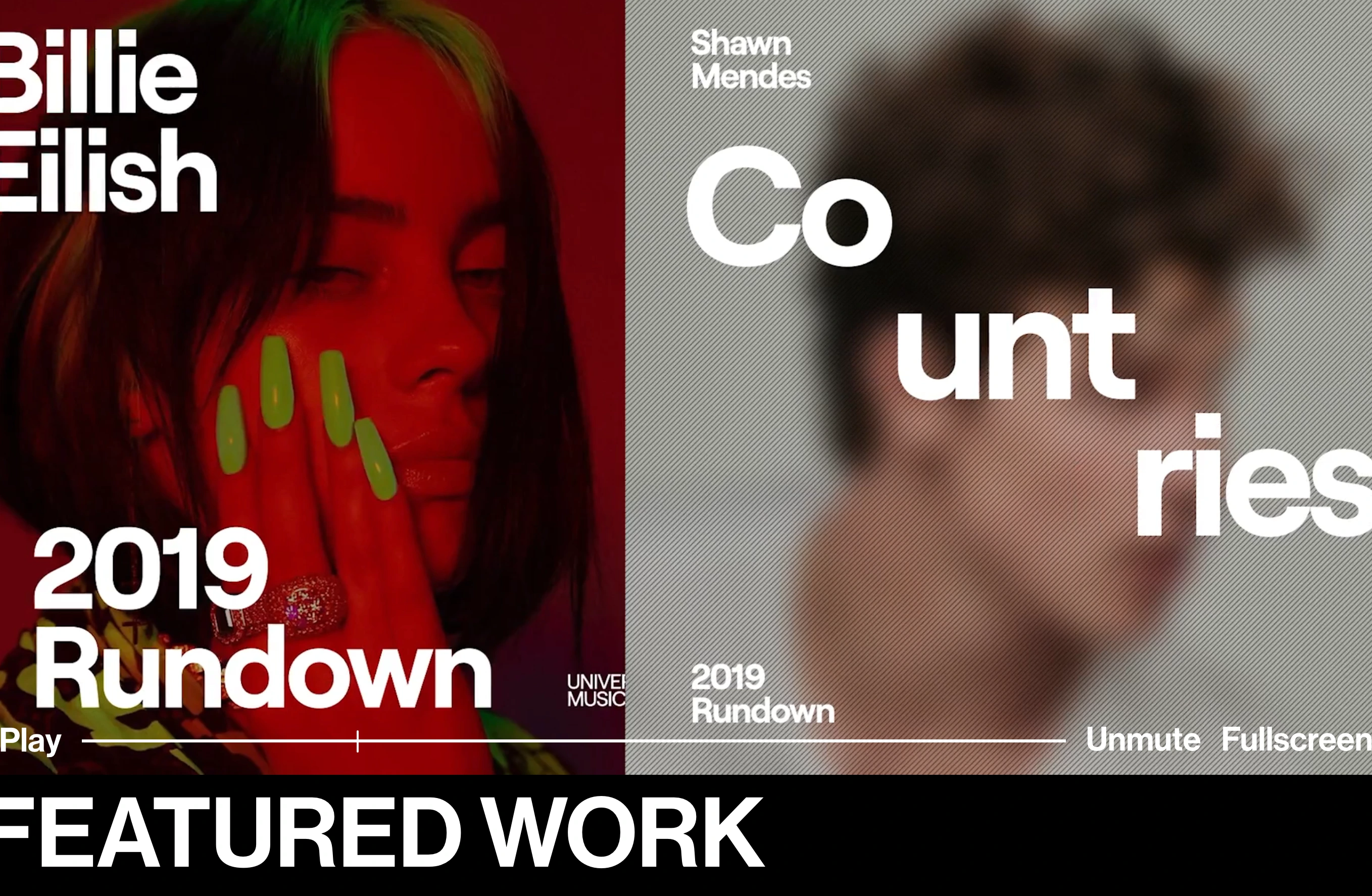 High-contrast split-screen video hero radiating raw pop energy with fragmented, oversized typography overlaid across contrasting visual halves.